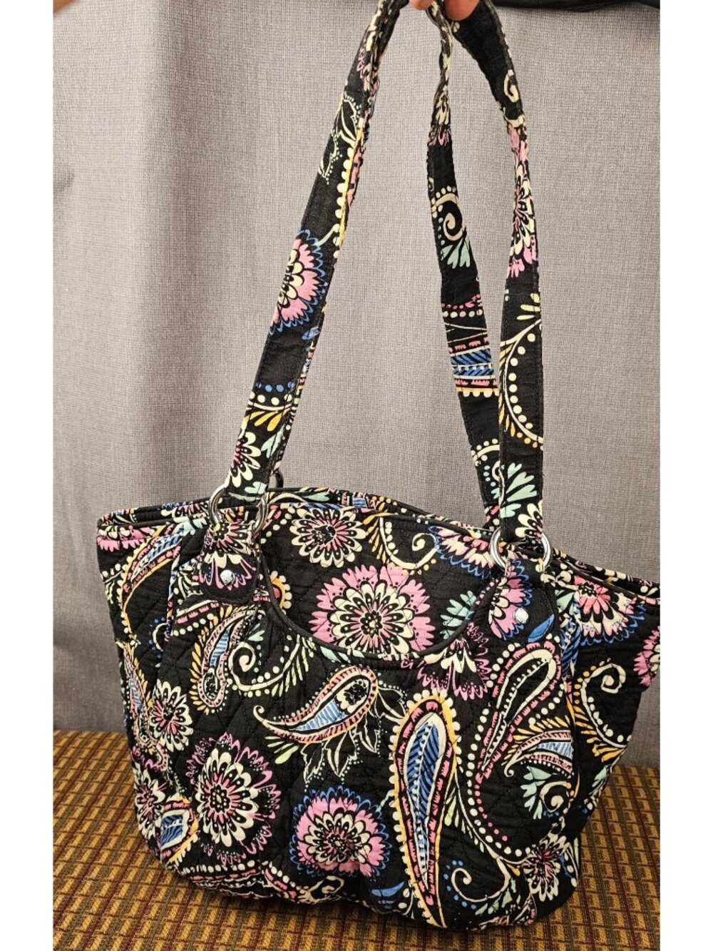 Vera Bradley Black Quilted Paisley Floral Shoulder Bag With Interior Pockets & Z